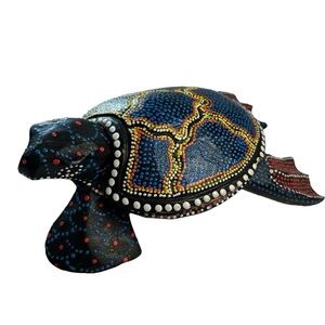 Sea Turtle Trinket Box Hand Painted Carved Wood 9X5 Art Animal Carving Dot Paint